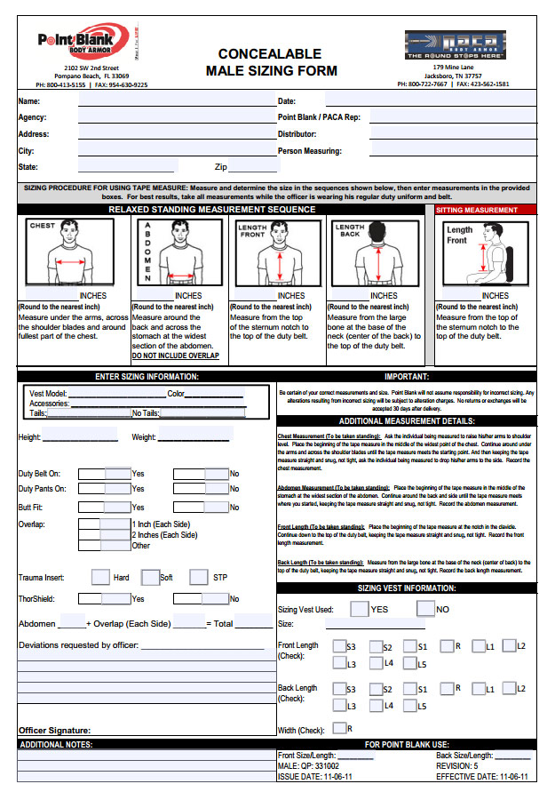 Point Blank Vest Size Chart