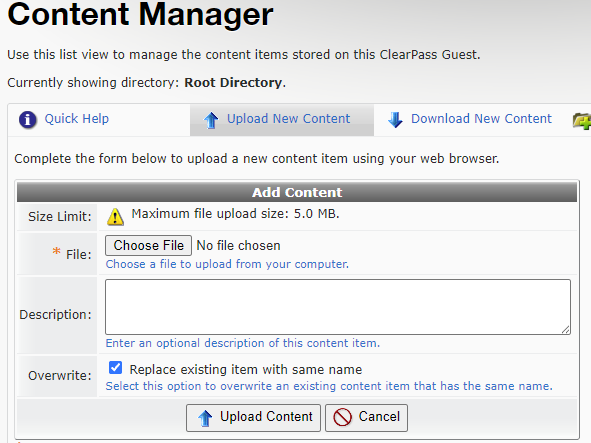 Aruba Clearpass Content Manager - Add Content